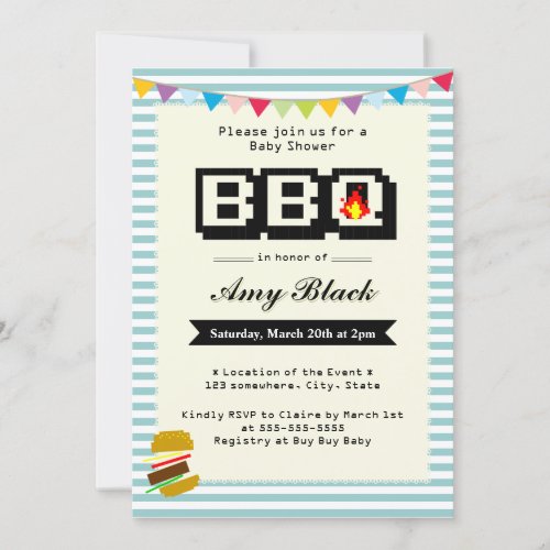 Retro Cute Pixel Baby Shower BBQ Party Invitations 5" X 7" Invitation Card