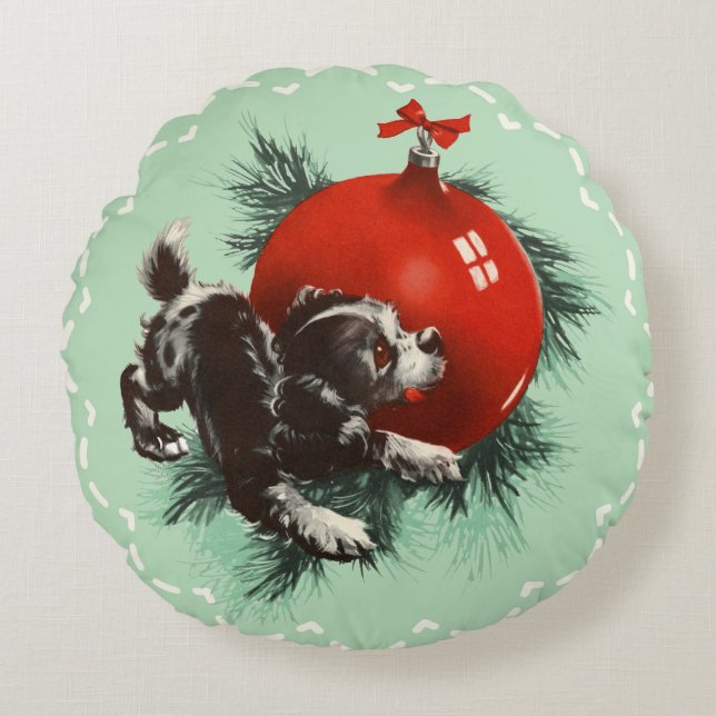 Retro Cute Puppy Red Ornament Christmas Round Pillow (Front)
