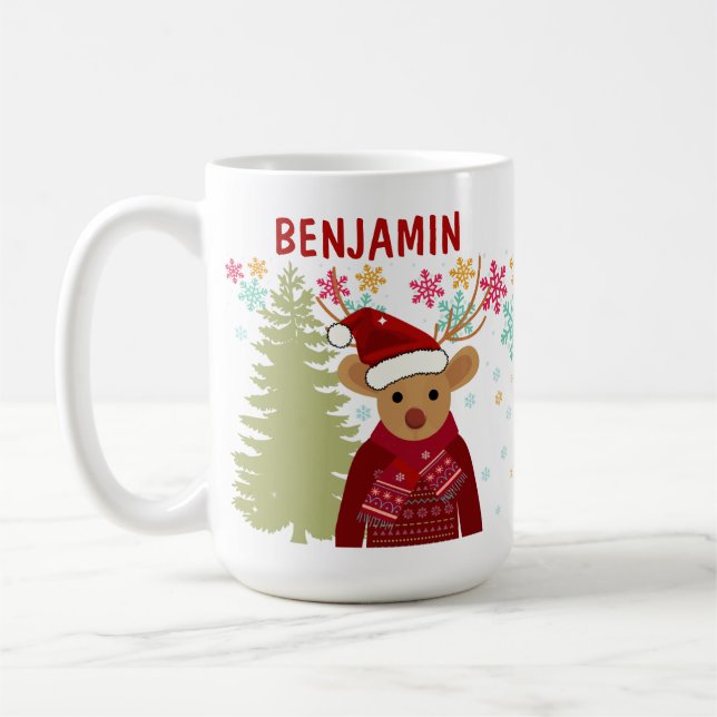 Retro Cute Rudolph The Red Nose Reindeer Christmas Coffee Mug (Left)