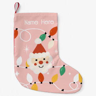 Retro Cute Santa with Fairy Lights Pink Small Christmas Stocking