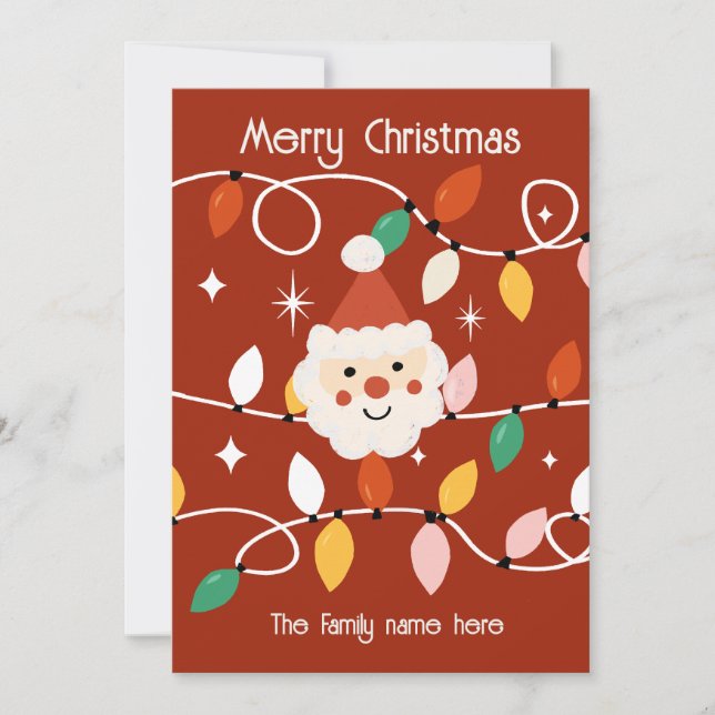 Retro Cute Santa with Fairy Lights Red Holiday Card (Front)
