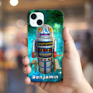Retro cute sci fi tin toy robot custom name iPhone 15 plus case
