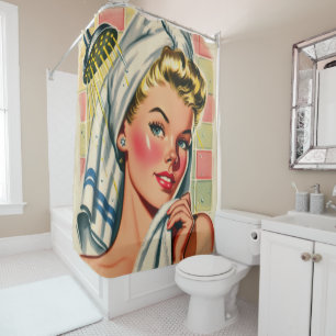 Retro Cute Shower Girl Illustration Curtain