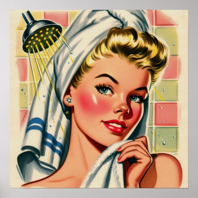 Retro Cute Shower Girl Illustration Poster (Front)