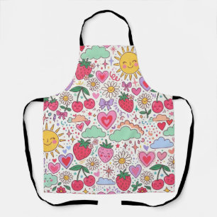 Retro Cute Strawberry, Sunshine, and Hearts Happy Apron