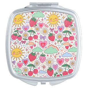 Retro Cute Strawberry, Sunshine, and Hearts Happy Compact Mirror