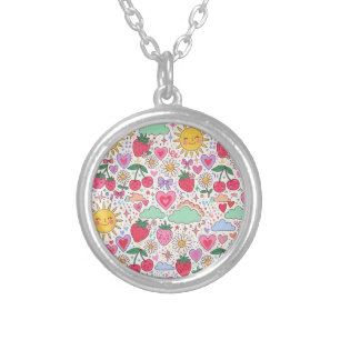 Retro Cute Strawberry, Sunshine, and Hearts Happy Silver Plated Necklace