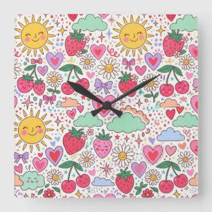 Retro Cute Strawberry, Sunshine, and Hearts Happy Square Wall Clock
