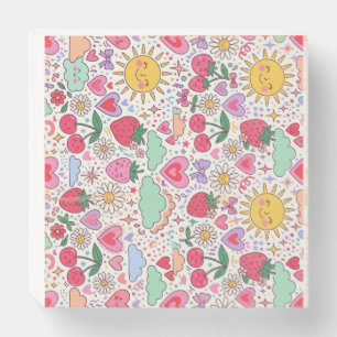 Retro Cute Strawberry, Sunshine, and Hearts Happy Wooden Box Sign