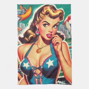 Retro Cute Summer Girl Kitchen Towel