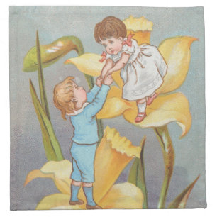 Retro Cute Sweet Valentine, children and daffodils Cloth Napkin
