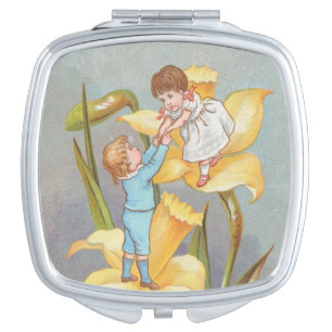 Retro Cute Sweet Valentine, children and daffodils Compact Mirror
