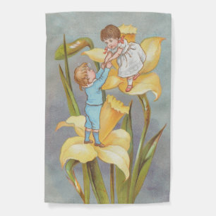 Retro Cute Sweet Valentine, children and daffodils Garden Flag