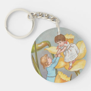 Retro Cute Sweet Valentine, children and daffodils Keychain