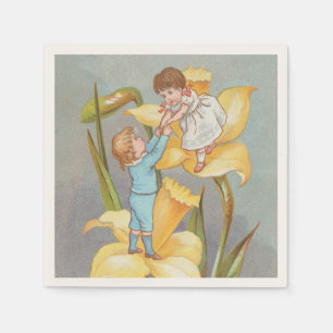 Retro Cute Sweet Valentine, children and daffodils Napkins