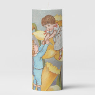 Retro Cute Sweet Valentine, children and daffodils Pillar Candle