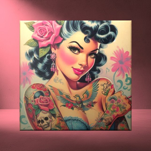 Retro Cute Tattooed Pin-up Ceramic Tile (Creator Uploaded)