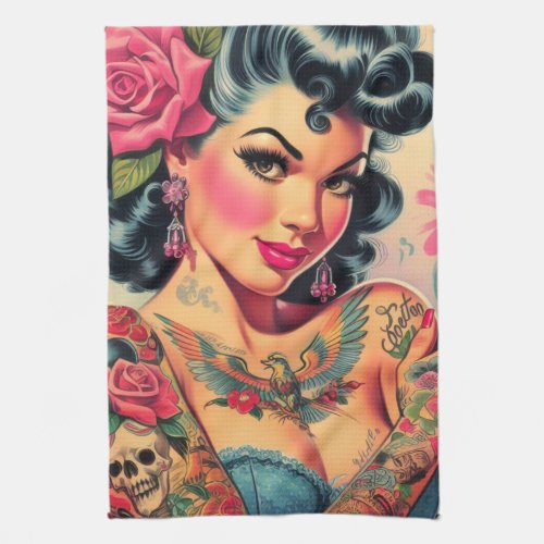 Retro Cute Tattooed Pin_up Kitchen Towel