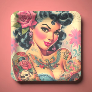 Retro Cute Tattooed Pin-up Paper Plates