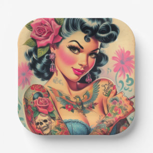 Retro Cute Tattooed Pin-up Paper Plates