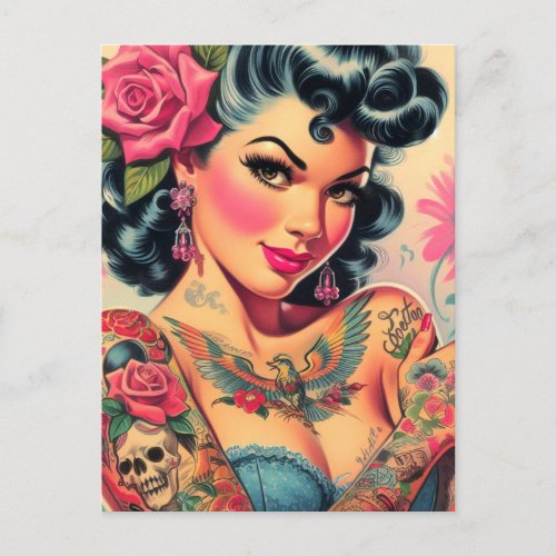 Retro Cute Tattooed Pin_up Postcard