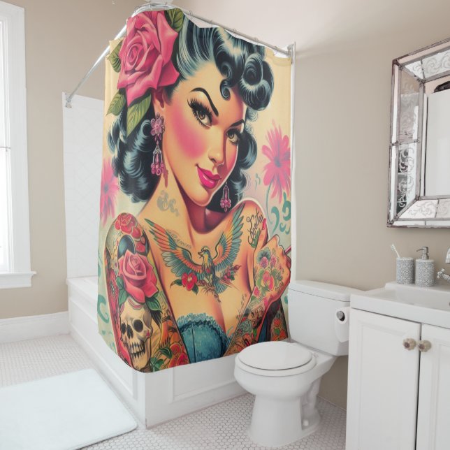 Retro Cute Tattooed Pin-up Shower Curtain (In Situ)