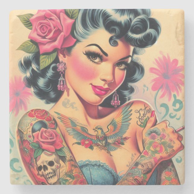 Retro Cute Tattooed Pin-up Stone Coaster (Front)