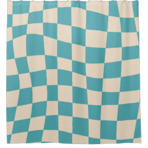 Retro Cute Turquoise wavy checkered Pattern Shower Curtain