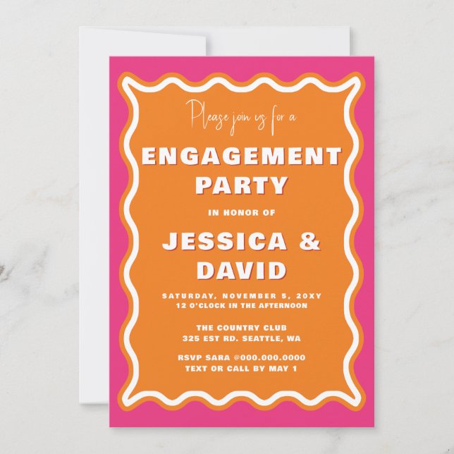 Retro Cute Wavy Pink Orange Photo Engagement Party Invitation (Front)