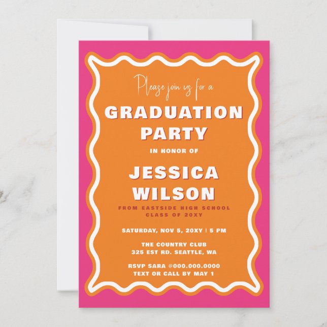 Retro Cute Wavy Pink Orange Photo Graduation Invitation (Front)