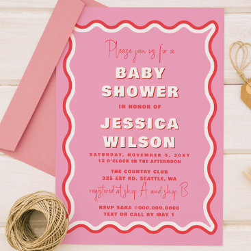 Retro Cute Wavy Pink Red Girl Baby Shower Invitation