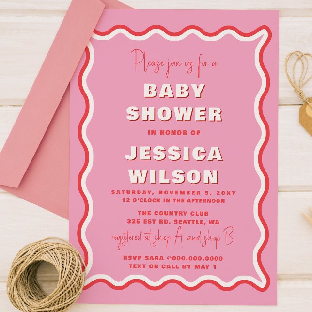 Retro Cute Wavy Pink Red Girl Baby Shower Invitation (Creator Uploaded)
