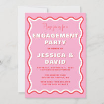 Retro Cute Wavy Pink Red Photo Engagement Party  Invitation