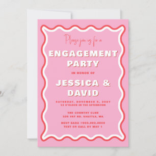Retro Cute Wavy Pink Red Photo Engagement Party Invitation