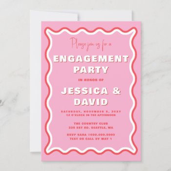 Retro Cute Wavy Pink Red Photo Engagement Party  Invitation by Invitationboutique at Zazzle