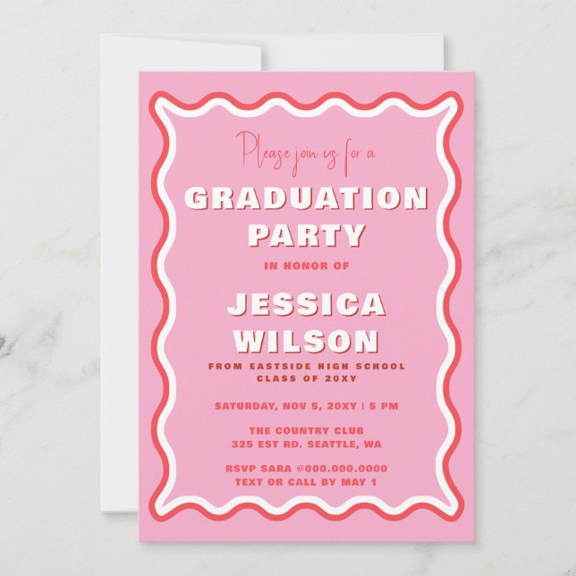 Retro Cute Wavy Pink Red Photo Graduation  Invitation (Front)
