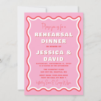 Retro Cute Wavy Pink Red Photo Rehearsal Dinner Invitation