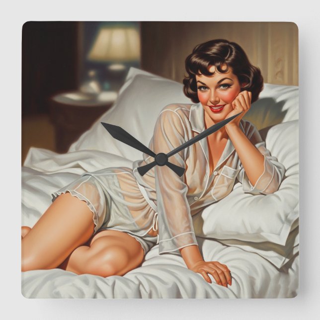 Retro Cute Woman '50 Pin-up Square Wall Clock (Front)