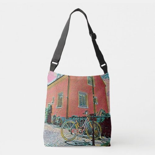 Retro cycling artwork crossbody bag