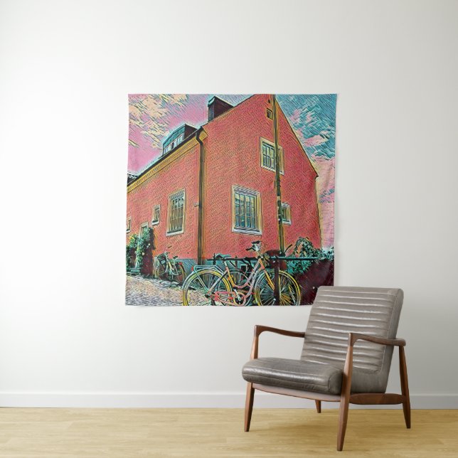 Retro cycling artwork tapestry (In Situ)