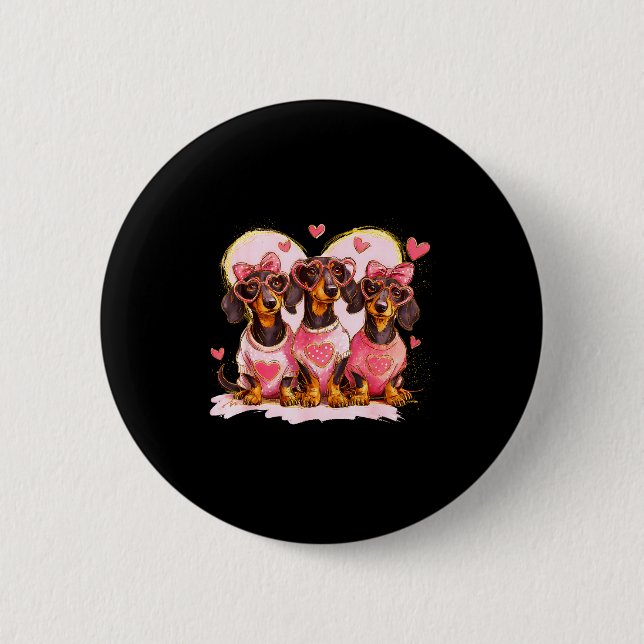 Retro Dachshund With Heart Sungles Valentine's Day Button (Front)