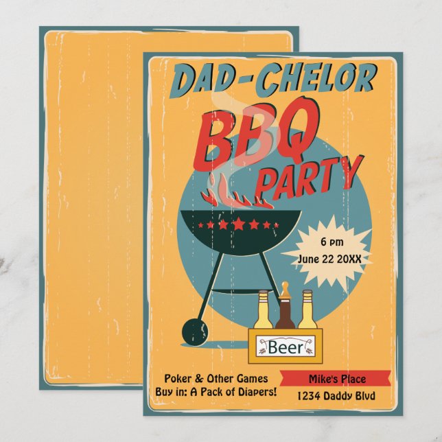 Retro Dad-Chelor BBQ Party Baby Shower Invitation (Front/Back)