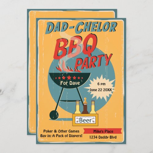 Retro Dad_Chelor BBQ Party Baby Shower Invitation