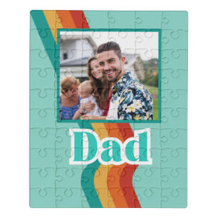 Retro Dad custom photo, teal blue with stripes Jigsaw Puzzle