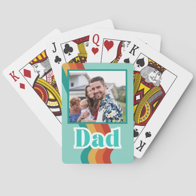 Retro Dad custom photo, teal blue with stripes Poker Cards (Back)