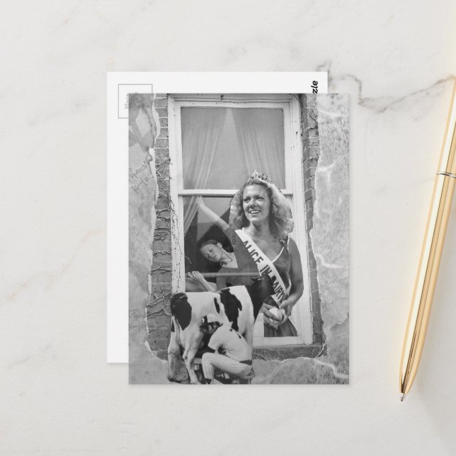 Retro Dairy Princess Collage Black and White Postcard (Front/Back In Situ)