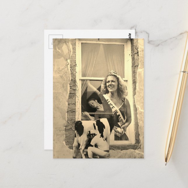 Retro Dairy Princess Collage Sepia Postcard (Front/Back In Situ)