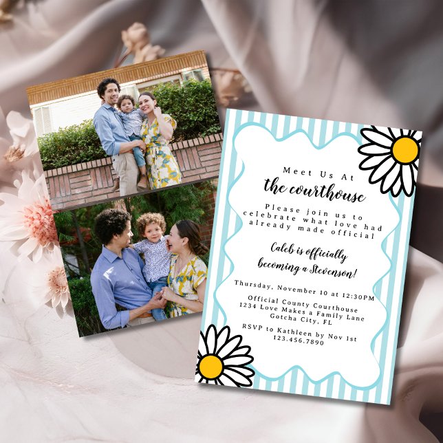 Retro Daisies Blue 2 Photo Adoption Day Courthouse Invitation (Creator Uploaded)