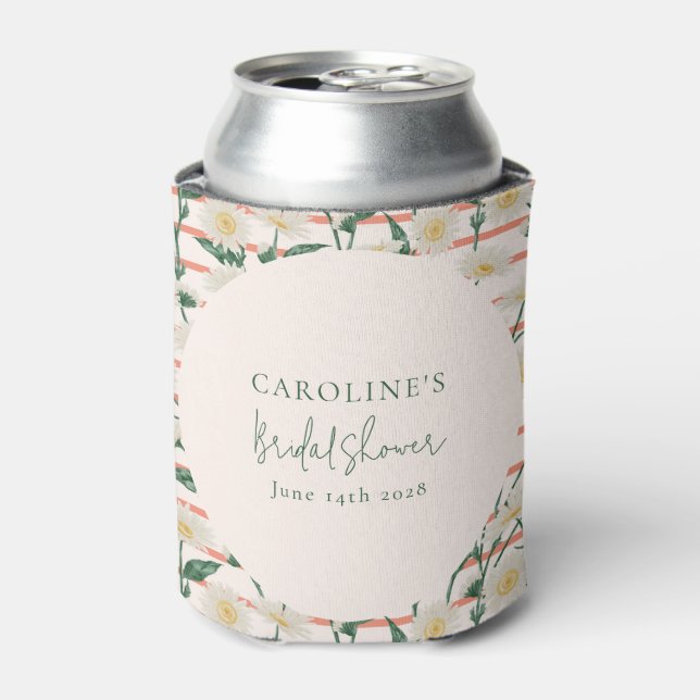 Retro Daisies Floral Green Bridal Shower Custom Can Cooler (Can Front)