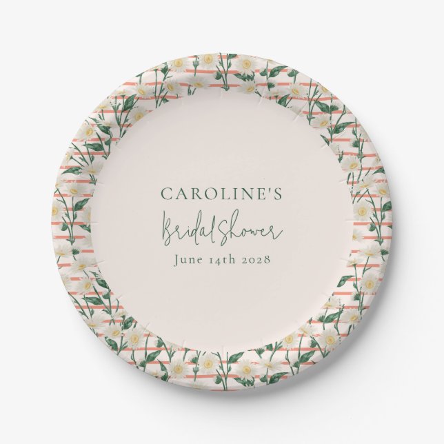 Retro Daisies Floral Green Bridal Shower Custom Paper Plates (Front)